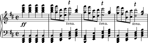 
\new PianoStaff <<
 \new Staff \relative c'''{\time 2/2 \key b \minor \set Score.tempoHideNote = ##t \tempo "" 2 = 112
<<
{s1 s2 r4 <d b> s2 r4 <b g> s2 r4 <b fis>}
\\
{<b' fis d b>4\ff q q q <b fis d b>8 <a a,> <d, d,> <e e,> \override TextScript.self-alignment-X = #-0.5 <fis fis,>2_\markup{\italic tenu.} <a a,>8 <g g,> <cis, cis,> <d d,> <e e,>2_\markup{\italic tenu.} <g g,>8 <fis fis,> <b, b,> <cis cis,> <d d,>2_\markup{\italic tenu.}}
>>
}
 \new Staff \relative c {\clef bass \key b \minor <b fis d b>4 q q q <b fis d b> <d b fis d> <fis d b fis> <b fis d b> <b, g e b> <e b g e> <g e b g> <b g e b> <b, fis d b> <d b fis d> <fis d b fis> <b fis d b>}
>> 
