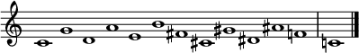  {
\omit Score.TimeSignature
\relative c' { \set Score.tempoHideNote = ##t \tempo 1 = 60 \time 12/1
  c1 g' d a' e b' fis cis gis' dis ais' f | c! \bar "|."
} }
\layout { \context {\Score \omit BarNumber} line-width = #100 }
