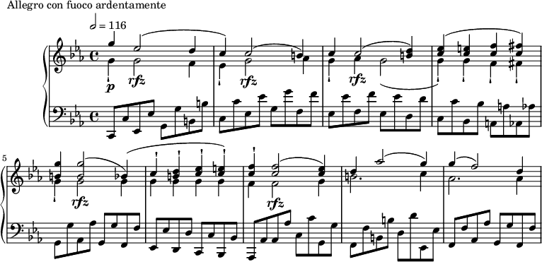 
\version "2.18.2"
\header {
  tagline = ##f
}
upper = \relative c'' {
  \clef treble 
  \key c \minor
  \time 4/4
  \tempo 2 = 116

   %%Montgeroult — Étude 74 (pdf p. 27)

   << { g'4\p ees2(\rfz d4 c) c2( b4) c c2\rfz( < d b >4) < ees c >( < e c > < f c > < fis c >) < g b, > q2( bes,4) ( c-! < d b >-! < ees c >-! < e c >-!) < f c >4-! q2( < ees c >4) d4 aes'2( g4) g4( f2) d4 } 
   \\ { g,4-! g2 f4 ees-! g2\rfz aes4 g-! aes g2( g4-!) g-! f-! fis-! g-! g2\rfz g4 g g g g f f2\rfz g4 b2. c4 aes2. aes4 } >>

}

lower = \relative c {
  \clef bass
  \key c \minor
  \time 4/4

   c,8 c' ees, ees' g, g' b, b' | c, c' ees, ees' g, g' f, f' | ees, ees' f, f' ees, ees' d, d' |
   c,8 c' bes, bes' a, a' aes, aes' | g, g' aes, aes' g, g' f, f' | ees, ees' d, d' c, c' bes, bes' |
   aes, aes' aes aes' c, c' g, g' | f, f' b, b' d, d' ees,, ees' | f, f' aes, aes' g, g' f, f' |
   

}

  \header {
    piece = "Allegro con fuoco ardentamente"
  }

\score {
  \new PianoStaff <<
    \new Staff = "upper" \upper
    \new Staff = "lower" \lower
  >>
  \layout {
    \override TupletBracket.bracket-visibility = ##f
    \context {
      \Score
      %\remove "Metronome_mark_engraver"
    }
  }
  \midi { }
}
