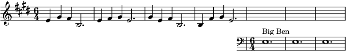  \relative c' { {\time 6/4 \key e \major e4 gis fis b,2. | e4  fis gis e2. | gis4 e fis b,2. |  b4 fis' gis e2. } \new Staff {\clef bass  e,1.^"Big Ben"  | e1.| e1. |} }