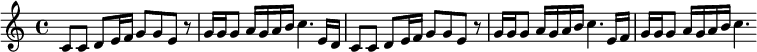 
 \relative
 { \set Score.tempoHideNote = ##t \tempo 4 = 100 \set Staff.midiInstrument = #"vibraphone"
  \key c \major
  \time 4/4
  c'8 c d e16 f g8 g e r8
  | % 2
  g16 g g8 a16 g a b c4. e,16 d
  | % 3
  c8 c d e16 f g8 g e r8
  | % 4
  g16 g g8 a16 g a b c4. e,16 f
  | % 5
  g g g8 a16 g a b c4.
}
