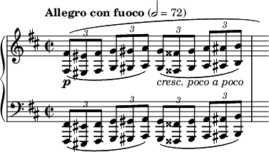 
\new PianoStaff <<
\new Staff = "Up" <<
\new Voice \relative c' {
\clef treble
\key b \minor
\tempo "Allegro con fuoco" 2=72
\time 2/2
\tupletSpan 4
\omit TupletBracket
\tuplet 3/2 {<fis, fis'>8 \p ^(_\([<eis eis'> <fis fis'>] <g g'> <gis gis'> <a a'>\) <gis gis'>_\markup{\italic cresc. \italic poco \italic a \italic poco} _\([<fisis fisis'> <gis gis'>] <a a'> <ais ais'> <b b'>\)} \hide r16)
}
>>
\new Staff = "Down" <<
\new Voice \relative c{
\clef bass
\key b \minor
\tupletSpan 4
\omit TupletBracket
\tuplet 3/2 {<fis,, fis'>8 _\([<eis eis'> <fis fis'>] <g g'> <gis gis'> <a a'>\) <gis gis'> _\([<fisis fisis'> <gis gis'>] <a a'> <ais ais'> <b b'>\)} s16
}
>>
>>
