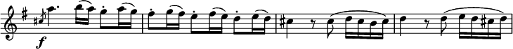 
 \relative c' \new Staff \with { \remove "Time_signature_engraver" } { \key g \major \time 3/4
  \slashedGrace cis'8\f a'4. b16( a) g8-. a16( g) fis8-. g16( fis) e8-. fis16( e) d8-. e16( d)
  cis4 r8 cis( d16 cis b cis) d4 r8 d( e16 d cis d)
 }
