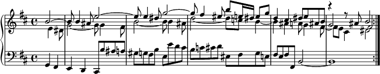 
\version "2.18.2"
\header {
  tagline = ##f
}

upper = \relative c'' {
    \tempo "(Andante)"
    \clef treble 
    \key b \minor
    \time 4/4
    \tempo 4 = 69
    \set Score.currentBarNumber = #42
    \bar ""

   %% PRÉLUDE CBT I-24, BWV 869, si mineur 
   << { \partial 2 b2~ b8 b4 ais8 e'2~ e8 e4 dis8 g2~ g8 fis4 eis8 b' e,16 dis e8 g d4 cis dis8 e ais, b g2 \shiftOnnn fis } 
   \\ { s8 e4 dis8 | g2~ g8 g4 fis8 | b2~ b8 b4 ais8 d2~ d8 c b4~ b ais a8 g4 fis8~ fis e cis4 \shiftOn dis2 } 
   \\ { s1*4 s2 r4 r8     \tempo 4 = 50 ais'8     \tempo 4 = 30 b2-\tweak stencil ##f \p } >>
   
}

lower = \relative c {
    \clef bass 
    \key b \minor
    \time 4/4

    g4 fis e d cis8 b'' ais a | gis g fis b e, e' d cis | b c cis d eis, fis g e fis e fis fis, b2~ -\tweak stencil ##f \f b1 \bar ":|."
} 

\score {
  \new PianoStaff <<
    \set PianoStaff.instrumentName = #""
    \new Staff = "upper" \upper
    \new Staff = "lower" \lower
  >>
  \layout {
    indent = #0
    \context {
      \Score
      \remove "Metronome_mark_engraver"
      \override SpacingSpanner.common-shortest-duration = #(ly:make-moment 1/2) 
    }
  }
  \midi { \set Staff.midiInstrument = #"harpsichord" }
}
