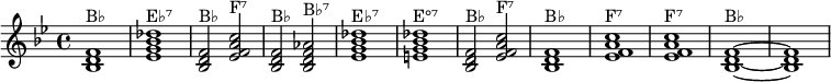 \relative c'
{\tempo 4 = 143 \set Score.tempoHideNote = ##t \key bes \major
<bes d f>1^"B♭" <ees g bes des>^"E♭⁷" <bes d f>2^"B♭" <ees f a c>^"F⁷" <bes d f>^"B♭" <bes d f aes>^"B♭⁷" <ees g bes des>1^"E♭⁷" <e g bes des>^"E°⁷" <bes d f>2^"B♭" <ees f a c>^"F⁷" <bes d f>1^"B♭" <ees f a c>^"F⁷" <ees f a c>^"F⁷" <bes d f>^"B♭"~<bes d f>}
