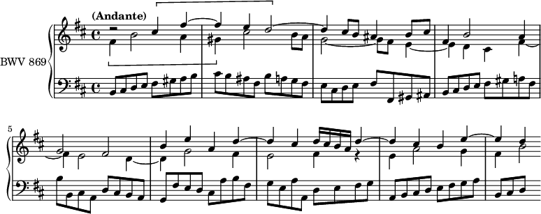 
\version "2.18.2"
\header {
  tagline = ##f
}

upper = \relative c'' {
    \tempo "(Andante)"
    \clef treble 
    \key b \minor
    \time 4/4
    \tempo 4 = 69
    %\set Staff.midiInstrument = #"harpsichord"

   %% PRÉLUDE CBT I-24, BWV 869, si mineur 
   << { d2\rest \[ cis4 fis~ fis e d2~ \] d4 cis8 b ais4 b8 cis | fis,4 b2 a4 g2 fis b4 e a, d~ d cis d16 cis b a d4~ d cis b e~ e d } \\ { \[ fis,4 b2 a4 gis \] cis2 b8 a g2~ g8 fis e4~ e d cis fis~ fis e2 d4~ d g2 fis4 | e2 fis4 r4 | e4 a2 g4 fis b2*1/4 } >>
   
}

lower = \relative c {
    \clef bass 
    \key b \minor
    \time 4/4
    %\set Staff.midiInstrument = #"harpsichord" 

    b8 cis d e fis gis a b  | cis b ais fis b a g fis | e cis d e fis fis, gis ais | b cis d e fis gis a! fis |
    b8 b, cis a d cis b a g fis' e d cis a' b fis g e a a, d e fis g | a, b cis d e fis g a | b,[ cis d] s8
} 

\score {
  \new PianoStaff <<
    \set PianoStaff.instrumentName = #"BWV 869"
    \new Staff = "upper" \upper
    \new Staff = "lower" \lower
  >>
  \layout {
    \context {
      \Score
      %\remove "Metronome_mark_engraver"
      \override SpacingSpanner.common-shortest-duration = #(ly:make-moment 1/2) 
    }
  }
  \midi { \set Staff.midiInstrument = #"harpsichord" }
}
