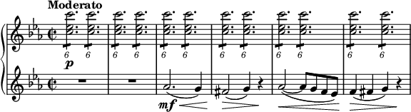 
{ \new PianoStaff <<
\new Staff \relative c'' { \set Staff.midiInstrument = #"piano" \key c \minor \clef treble \time 2/2 \set Score.tempoHideNote = ##t \tempo "Moderato" 2 = 60
  \times 4/6  {
    <c es c'>2. \p :8
  }
  \times 4/6  {
    <c es c'>2. :8
  }
  | % 2
  \times 4/6  {
    <c es c'>2. :8
  }
  \times 4/6  {
    <c es c'>2. :8
  }
  | % 3
  \times 4/6  {
    <c es c'>2. :8
  }
  \times 4/6  {
    <c es c'>2. :8
  }
  | % 4
  \times 4/6  {
    <c es c'>2. :8
  }
  \times 4/6  {
    <c es c'>2. :8
  }
  | % 5
  \times 4/6  {
    <c es c'>2. :8
  }
  \times 4/6  {
    <c es c'>2. :8
  }
  | % 6
  \times 4/6  {
    <c es c'>2. :8
  }
  \times 4/6  {
    <c es c'>2. :8
  }
  }
\new Staff \relative as' { \set Staff.midiInstrument = #"piano" \key c \minor \clef treble \time 2/2
  R1*2 | % 3
  as2. \mf \< ( g4 ) | % 4
  fis2 \! \> ( g4 ) r4 \! | % 5
  as2 \< ( ~ as8 g8 f8 es8 ) | % 6
  f4 \! \> ( fis4 g4 ) r4 \! }
>> }
