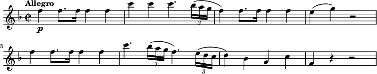 
   \relative c'' {
     \version "2.18.2"
         \clef "treble" 
         \tempo "Allegro"
         \key f \major
         \time 2/2
          \tempo 4 = 130
    f4 \p f8. f16 f4 f 
    c' c c4. \tuplet 3/2 {bes 16 (a g} f4)
    f8. f16 f4 f 
    e (g) r2
    f4 f8. f16 f4 f 
    c'4. \tuplet 3/2 {bes 16 (a g} f4.) \tuplet 3/2 {e16 (d c} d4)
    bes g c f, r r2  
}
