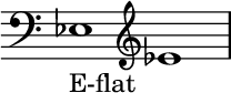 { \new Staff \with{ \magnifyStaff #3/2 } << \time 2/1 \override Score.TimeSignature #'stencil = ##f { \clef bass ees1_E-flat \clef treble ees' } >> }