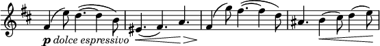 
\relative c' \new Staff \with { \remove "Time_signature_engraver" } {
 \key b \minor \time 9/8 \set Score.tempoHideNote = ##t \tempo "" 4.=88
 fis4_\markup { \dynamic p \italic { dolce espressivo } } ( e'8) d4.(~ d4 b8) eis,4.\< ( fis) a\>
 fis4\! ( g'8) fis4.(~ fis4 d8) ais4. b4\< ( cis8) d4( e8\! )
}
