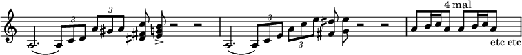 {
\new Staff \with { \remove "Time_signature_engraver" }
\time 10/4 a2.( \times 2/3 { a8) c'8 d'8} \times 2/3 {a'8 gis'8 a'8}
<c'' fis' dis'> \noBeam <b' e' g'> -> r2 r2
a2.( \times 2/3 {a8) c'8 e'8)} \times 2/3 {a'8 c''8 e''8} <dis'' fis'> \noBeam <e'' g'> r2 r2
\time 6/8 [a'8 b'16 c''16 a'8] ^"4 mal" [a'8 b'16 c''16 a'8] _"etc etc"
}