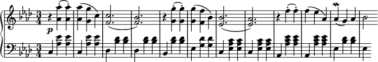 
 \relative c' {
  \new PianoStaff <<
   \new Staff { \key f \minor \time 3/4
    \tempo \markup {
     \column {
   }
    }
    r <aes' aes'>-.( <aes aes'>-.) <aes aes'>( <g g'> c) <c f,>2.( <bes f>) r4 <g g'>4-.( <g g'>-.) <g g'>( <f f'> bes) <bes ees,>2.( <aes ees>) r4 f'4-.( f-.) f ( ees aes,) aes\mordent( g) aes bes2
   }
   \new Dynamics {
    s\p
    }
   \new Staff { \key f \minor \time 3/4 \clef bass
    c,,4 <aes' ees'> <aes ees'> c, <aes' ees'> <aes ees'> des, <bes' des> <bes des> des, <bes' des> <bes des> bes, <bes' des> <bes des> ees, <g des'> <g des'> c, <ees c' aes> <ees c' aes> c <ees c' aes> <ees c' aes> aes, <aes' ees' c> <aes ees' c> aes, <aes' ees' c> <aes ees' c> ees <bes' des> <bes des> ees,
   }
  >>
 }
