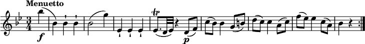 
\relative c'' {
  \version "2.18.2"
  \key bes \major
  \time 3/4
  \tempo "Menuetto"
  \tempo 4 = 140
  \partial4 bes'4\f (bes,)  bes-! bes-! bes2 (g'4)
  ees,-! ees-! ees-!
  ees8.\trill (d32 ees) r4 d8\p (f)
  c' (bes) bes4 g8 (b)
  d (c) c4 a8 (c)
  f (ees) ees4 c8 (a)
  bes4 r4 \bar ":|."
}
