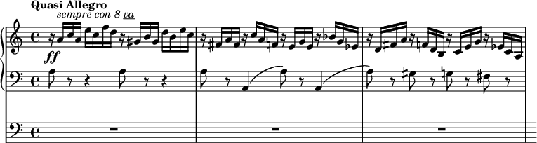 
\new StaffGroup
 \with { 
   systemStartDelimiter = #'SystemStartBar
 }
 <<
   \new GrandStaff <<
    \new Staff \relative c'
               {
                \override DynamicLineSpanner #'staff-padding = #2.0
                \override TextScript #'Y-extent = #'(-1.5 . 1.5)
                \tempo "Quasi Allegro"
                r16\ff
                a'^\markup { \italic { sempre con 8 \underline va }
                   }
                [ c a] e'[ c f d] r gis,[ b gis] d'[ b e c] |
                r16 fis,[ a fis] r c'[ a f] r e[ g e] r bes'[ g es] |
                r16 d[ fis a] r f[ d b] r c[ e g] r es[ c a] |
               }
    \new Staff {
                \clef bass 
                a8 r8 r4 a8 r8 r4 |
                a8 r8 a,4( a8) r8 a,4( |
                a8) r gis r g r fis r |
    }
   >>
    \new Staff {\clef bass s4.. r1 | r1 | r1 |
    }
 >>

