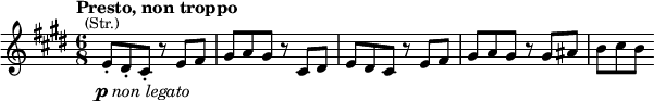 \relative c' {\time 6/8 \key cis \minor \tempo "Presto, non troppo" e8-.^\markup{\center-align \smaller (Str.)}_\markup{\center-align \dynamic p \italic {non legato}} dis-. cis-. r e fis gis a gis r cis, dis e dis cis r e fis gis a gis r gis ais b cis b}