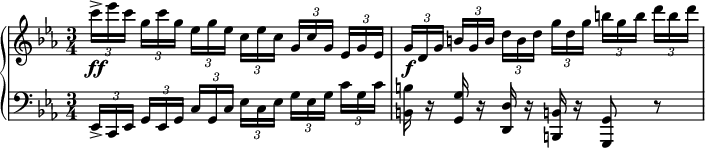 
\version "2.18.2"
\header {
  tagline = ##f
}
upper = \relative c'' {
  \clef treble 
  \key c \minor
  \time 3/4
  \tempo 4 = 78
  \override TupletBracket #'bracket-visibility = ##f 
  %\autoBeamOff

   %%Beethoven Variation en ut mineur n° 29
    \times 2/3 { c'16->\ff ees c } \times 2/3 { g[ c g] } \times 2/3 { ees[ g ees] } \times 2/3 { c[ ees c] } \times 2/3 { g[ c g] } \times 2/3 { ees[ g ees] } 
    \times 2/3 { g16\f d g } \times 2/3 { b![ g b] } \times 2/3 { d[ b d] } \times 2/3 { g[ d g] } \times 2/3 { b![ g b] } \times 2/3 { d[ b d] } 

}

lower = \relative c {
  \clef bass
  \key c \minor
  \time 3/4

    \times 2/3 { ees,16-> c ees } \times 2/3 { g[ ees g] } \times 2/3 { c[ g c] } \times 2/3 { ees[ c ees] } \times 2/3 { g[ ees g] } \times 2/3 { c[ g c] } 
   < b! b, >16 r16 < g g, > r16 < d d, > r16 < b! b, > r16 < g g, >8 r8

}

\score {
  \new PianoStaff <<
    \new Staff = "upper" \upper
    \new Staff = "lower" \lower
  >>
  \layout {
    \context {
      \Score
      \remove "Metronome_mark_engraver"
    }
  }
  \midi { }
}
