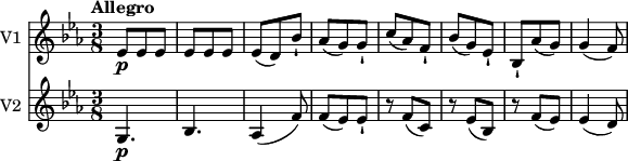 
<<
  \new Staff \with { instrumentName = #"V1 "}  
  \relative c'' {
     \version "2.18.2"
     \key ees \major
     \tempo "Allegro"
     \time 3/8
   ees,8\p ees ees
   ees ees ees
   ees (d) bes'-!
   aes8 (g) g-!
   c8 (aes) f-! bes (g) ees-!
   bes-! aes' (g) g4 (f8)
  }
  \new Staff \with { instrumentName = #"V2 "}
  \relative c'' {
    \key ees \major
    \time 3/8
    g,4.\p bes aes4 (f'8)  
    f (ees) ees-!
    r8 f (c)
    r8 ees (bes)
    r8 f' (ees)
    ees4 (d8)
  
  }
>>
