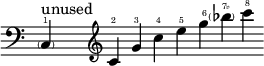  {
    \new Staff \with { \remove "Time_signature_engraver" }
    \clef bass \key c \major \cadenzaOn
    \parenthesize c4 \finger \markup \text "1" ^ \markup "unused" 
    \once \hide r1
    \clef treble
    c'4   \finger \markup \text "2"
    g'    \finger \markup \text "3"
    c''   \finger \markup \text "4"
    e''   \finger \markup \text "5"
    g''   \finger \markup \text "6"
    \parenthesize bes'' \finger \markup \text "7♭"
    c'''  \finger \markup \text "8"
    \break
  } 