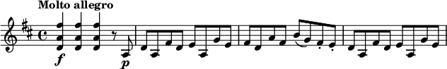 
\relative c' {
  \version "2.18.2"
  \key d \major
  \tempo "Molto allegro"
  \tempo 4 = 140
  <d a' fis'>4\f q q r8 a\p |
  d8 a fis' d e a, g' e |
  fis8 d a' fis b( g) fis-. e-. |
  d8 a fis' d e a, g' e |
}
