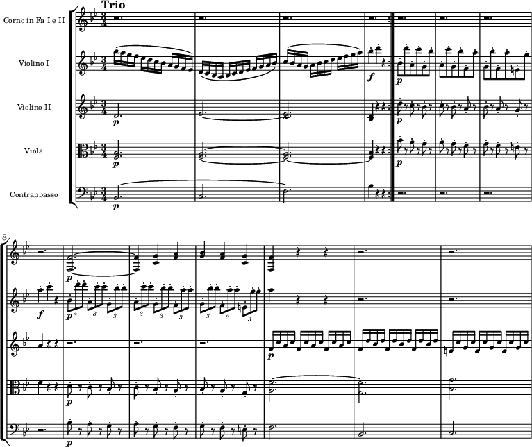 
{
\new StaffGroup << 
\new Staff \with {\magnifyStaff #5/7 } <<
\new Voice \relative c {\set Staff.instrumentName = "Corno in Fa I e II" \set Staff.midiInstrument = "french horn" \tempo "Trio" \tempo 4 = 100 \clef treble \key bes \major \time 3/4
r2.
r2.
r2.
r2. \bar ":|."
r2.
r2.
r2.
r2.
<f f'>2.\p~
<f f'>4 <c' g'> <f a>
<g bes> <f a> <c g'>
<f, f'>4 r r
r2.
r2.
}  
  >>
\new Staff \with { \magnifyStaff #5/7 } <<
\new Voice \relative c' {\set Staff.instrumentName = "Violino I" \set Staff.midiInstrument = violin \clef treble \key bes \major \time 3/4
bes''16 (a g f ees d c bes a g f ees)
d (c bes a bes c d ees f g a bes)
c (bes a g a bes c d ees f g a)
bes4-.\f d-. r
bes,8-.\p d'-. a,-. c'-. g,-. bes'-.
a,-. c'-. g,-. bes'-. f,-. a'-.
g,-. bes'-. f,-. a'-. e,-. g'-.
a4-.\f c-. r
\tuplet 3/2 {bes,8-.\p d'-. d-.} \tuplet 3/2 {a,8-. c'-. c-.} \tuplet 3/2 {g,8-. bes'-. bes-.}
\tuplet 3/2 {a,8-. c'-. c-.} \tuplet 3/2 {g,8-. bes'-. bes-.} \tuplet 3/2 {f,8-. a'-. a-.}
\tuplet 3/2 {g,8-. bes'-. bes-.} \tuplet 3/2 {f,8-. a'-. a-.} \tuplet 3/2 {e,8-. g'-. g-.}
a4 r r
r2.
r2.
}  
  >>
\new Staff \with { \magnifyStaff #5/7 } << 
\new Voice \relative c' {\set Staff.instrumentName = "Violino II" \set Staff.midiInstrument = violin \clef treble \key bes \major \time 3/4
d2.\p
ees2.~
<c ees>2.
<bes d>4 r r
d'8-.\p r c-. r bes-. r
c-. r bes-. r a-. r
bes-. r a-. r g-. r
a4 r r
r2.
r2.
r2.
f16\p c' a c f, c' a c f, c' a c
f, d' bes d f, d' bes d f, d' bes d
e, c' g c e, c' g c e, c' g c
}  
  >>
\new Staff \with { \magnifyStaff #5/7 } << 
\new Voice \relative c {\set Staff.instrumentName = Viola \set Staff.midiInstrument = viola \clef alto \key bes \major \time 3/4
<f bes>2.\p
<f a>2.~
<f a>2.~
<f bes>4 r r
bes'8-.\p r a-. r g-. r
a-. r g-. r f-. r
g-. r f-. r e-. r
f4 r r
d8-.\p r c-. r bes-. r
c-. r bes-. r a-. r
bes-. r a-. r g-. r
<a f'>2.~
<g f'>
<bes g'>
}  
  >>
\new Staff \with { \magnifyStaff #5/7 } << 
\new Voice \relative c {\set Staff.instrumentName = Contrabbasso \set Staff.midiInstrument = cello \clef bass \key bes \major \time 3/4
bes2.\p
(c
f)
bes4 r r
r2.
r2.
r2.
r2.
bes8-.\p r a -. r g -. r
a-. r g-. r f-. r
g-. r f-. r e -. r
f2.
bes,2.
c2.
}
>> >> }
\layout { indent = 2.5\cm }
