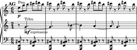 \version "2.14.1"
\relative c {
	\new PianoStaff <<
		\new Staff {
			\set Score.tempoHideNote = ##t
			\tempo 4 = 184
			\set Score.markFormatter = #format-mark-box-numbers
			\mark #32
			\time 6/8
			e''8^"Pno."\p a b cis dis b
			cis8 r b dis r b
			cis8 r b dis dis b
			cis8 r b dis r b
		}
		\new Staff {
			\time 6/8
			\set Staff.timeSignatureFraction = 2/4
			\scaleDurations 3/2 {
				r8 g,4.~^"Trbn."_\markup{\dynamic{mf} \italic{expressivo}}-> g bes8~ bes4 a~ a8 g4.
			}
		}
		\new Staff {
			\time 6/8
			\clef bass
			<a,,, e' cis'>8 r r <e' bis' cis> r r
			<a, e' cis'>8 r r <e' bis' cis> r r
			<a, e' cis'>8 r r <e' bis' cis> r r
			<a, e' cis'>8 r r <e' bis' cis> r r
		}
	>>
}