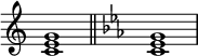 \new Staff \with { \omit TimeSignature } { <c' e' g'>1 \bar "||" \key c \minor <c' es' g'> }