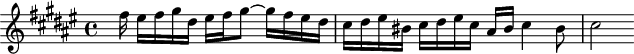 
\version "2.18.2"
\header {
  tagline = ##f
}

\score {
  \new Staff \with {

  }
<<
  \relative c'' {
    \clef treble 
    \key fis \major
    \time 4/4

     %% Fugue CBT I-13, BWV 858, fa dièse majeur — contre-sujet
     \partial 2..
     s16 fis16 eis fis gis dis eis fis gis8~ gis16 fis eis dis cis dis eis bis cis dis eis cis ais bis cis4 bis8 cis2

  }
>>
  \layout {
     \context { \Score \remove "Metronome_mark_engraver" }
  }
  \midi {} 
}
