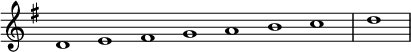 
\relative c' {  
   \new Staff \with { \remove "Time_signature_engraver" }  
   { \key g \major  \time 1/1 \cadenzaOn d1 e fis g a b c \bar "|" d \bar"|"}
   }
