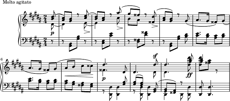 
\version "2.18.2"
\header {
  tagline = ##f
}
upper = \relative c'' {
  \clef treble 
  \key gis \minor
  \time 2/4
  \tempo 4 = 126
  %\autoBeamOff

   %%Montgeroult — Étude 104 (pdf p. 164)
   \partial 8
   << { < dis b >8( < cis ais >) < b gis > r8   < e cis >_\>( < dis b >) \! < cis ais > r8   } \\ { dis,8~\p dis4 s8 e8~ e4 s8 } >>
   << { ais'8( gis fisis) r8   < dis fisis, >(_\> < cis ais >8\! < b gis >) r8 } \\ { cis8\> b\! ais } >>  
   \repeat unfold 2 { gis8( ais8. gis16 fisis8) } gis( ais\< b cis cisis\!)
   << { dis4. s8 s4. dis8^\sf dis4. } \\ { fisis,4.\p \stemUp dis8 dis4. \stemDown dis8 dis4. } >>
   << { < b'' gis >8 } \\ { < dis dis, >8\ff } >>
   << { < b gis >4 } \\ { < dis dis, >8 < ais fisis > r8 s8 } >>

}

lower = \relative c {
  \clef bass
  \key gis \minor
  \time 2/4

   r8 r8  < b gis >8[ < b' gis >] r8 r8 < e, cis >8[ < e' cis >] r8 r8 < fisis, dis >8[ < fisis' dis >] r8 r8
   < b,, gis >8[ < b' gis >] < dis b >
   \repeat unfold 2 { < e cis >8. < dis b >16 < cis ais >8 < dis b > }
   < cis ais >8 < b gis > < ais fisis > < gis e > 
   << { s4 s8 < b gis >8 < b gis >( < ais fis >) s8 < b, gis >8( < b gis > < ais fisis >) r8 } \\ { r8 < dis dis, >8 < dis dis, >4 r8 < dis dis, >8 < dis dis, >4 dis,4 \autoBeamOff dis8 < dis' dis, >8 } >>
   < dis dis, >8 < dis dis, >4.
   

}

  \header {
    piece = "Molto agitato"
  }

\score {
  \new PianoStaff <<
    \new Staff = "upper" \upper
    \new Staff = "lower" \lower
  >>
  \layout {
    \context {
      \Score
      \remove "Metronome_mark_engraver"
    }
  }
  \midi { }
}
