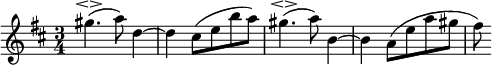 \relative c''' {
\time 3/4
\once \omit Score.MetronomeMark
\tempo 4 = 112
\key d \major
gis4.(\espressivo a8) d,4~ | d cis8[( e b' a]) | gis4.(\espressivo a8) b,4~ | b a8[( e' a gis] | fis)
}