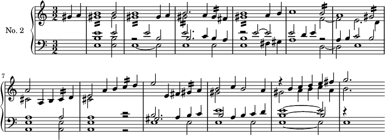 
\version "2.18.2"
\header {
  tagline = ##f
}

MordgisR   = { \tag #'print { gis1:16 } \tag #'midi { gis16 fis gis8~ gis4~ gis2 }  }

MordgisB   = { \tag #'print { gis2:16 } \tag #'midi { gis16 fis gis8~ gis4~ }  }
MordbB   = { \tag #'print { b2:16 } \tag #'midi { b16 a b8~ b4~ }  }

Mordgisq   = { \tag #'print { gis4:16 } \tag #'midi { gis16 fis gis8~ }  }
Mordcq   = { \tag #'print { c4:16 } \tag #'midi { c16 b c8~ }  }
Mordcisq   = { \tag #'print { cis4:16 } \tag #'midi { cis16 b cis8~ }  }

upper = \relative c'' {
  \clef treble 
  \key c \major
  \time 3/2
  \tempo 2 = 110
  %\autoBeamOff
  \set Staff.midiInstrument = #"harpsichord"

  \partial 2 gis4 a
  << { b1 b2 } \\ { \MordgisR gis2 } >>
  << { b1 gis4 a } \\ { \MordgisR } >>
  << { b2. a4 \Mordgisq fis } \\ { \MordgisB } >>
  << { b1 a4 b } \\ { \MordgisR } >>
  << { c1 \MordbB } \\ { s1 f2~ } >>
  % ms 7 
  << { a1 \MordgisB } \\ { f2 e2. d4 } >>
  << { a'2 a,4 b \Mordcisq d4 } \\ { cis2 } >>
  << { e2 a4 b \Mordcq d4 } \\ { cis,2 } >>
  << { e'2 e,4 fis \Mordgisq a4 } \\ {  } >>
  << { b2 c4 b2 a4 } \\ { gis2 } >>
  << { r4 b c d e fis g2. } \\ { gis,2 a4 b c a b2. } >>
  s4

}

lower = \relative c {
  \clef bass
  \key c \major
  \time 3/2
  \set Staff.midiInstrument = #"harpsichord"  
  s2
  << { e'1 e2 r2 e2 b e2. } \\ { < b e, >1 < b e, >2 e,1~ e2 e1 e2 < b' e, >1 fis4 gis } \\ { s1. s1. b2. c4 b a r2 e'2~ e } >>
  << { e2 d4 e r2 } \\ { a,1 d,2~ } >>
  << { a'4 b c2 b } \\ { d, e1 } >>
  << { a1 a2 } \\ { < e a, >1 < e a, >2 } >>
  << { a1 r2 } \\ { < e a, >1 r2 } \\ {s1 r2} >>

  % ms 10
  << { b'2. a4 b c } \\ { e,1 e2 } \\ { gis2. } >>
  << { e'1 c4 d } \\ { e,1 e2 } \\ { b'2 a4 b } >>
  << { e1~ e2 } \\ { e,1~ e2 } \\ { b'1~ b2 } >>
  << { r4 } \\ { e,1 } >>
   
}

thePianoStaff = \new PianoStaff <<
    \set PianoStaff.instrumentName = #"No. 2"
    \new Staff = "upper" \upper
    \new Staff = "lower" \lower
  >>

\score {
  \keepWithTag #'print \thePianoStaff
  \layout {
    \context {
      \Score
      \remove "Metronome_mark_engraver" 
    }
  }
}

\score {
  \keepWithTag #'midi \thePianoStaff
  \midi { }
}

