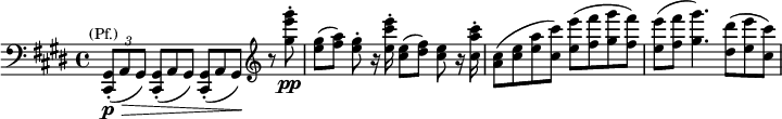 {\clef bass \time 4/4 \key cis \minor \relative c {\tuplet 3/2 4 {<gis-. cis,>8(\p\>^\markup{\center-align \smaller (Pf.)} a gis) \omit TupletNumber <gis-. cis,>8( a gis) <gis-. cis,>8( a gis)\! } \clef treble r8 <gis''' e' gis>-.\pp <gis e>([ <a fis>)] <gis e>-. r16 <e cis' e>-. <e cis>8([ <fis dis>)] <e cis> r16 <cis a' cis>-. <cis a>8( <e cis> <a e> <cis cis,>) <e e,>( <fis fis,> <gis gis,> <fis fis,>) <e e,>( <fis fis,> <gis gis,>4.) <dis dis,>8( <e e, > <cis cis,>) }}