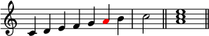 
{
\override Score.TimeSignature #'stencil = ##f
\relative c' { 
  \clef treble 
  \time 7/4 c4 d e f g \once \override NoteHead.color = #red a b  \time 2/4 c2 \bar "||"
  \time 4/4 <a c e>1 \bar "||"
} }
