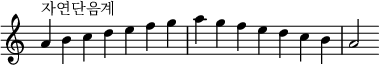  {
\omit Score.TimeSignature \relative c'' {
  \time 7/4 a^"자연단음계" b c d e f g a g f e d c b a2
} }
