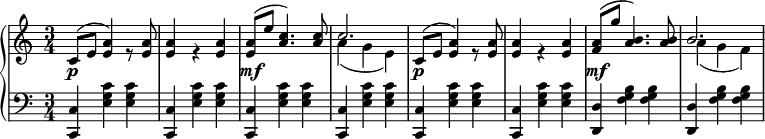 
 \relative c' {
 \new PianoStaff <<
  \new Staff { \key a \minor \time 3/4
  <<
  {
   c8( e <e a>4) s8 <e a>8 <e a>4 s4 <e a>4 <e a>8( e' <a, c>4.) <a c>8 c2. c,8( e <e a>4) s8 <e a>8 <e a>4 s4 <e a>4 <f a>8( g' <a, b>4.) <a b>8 b2.
  }
  \\
  {
   s8 s s4 r8 s8 s4 r4 s s8 s s4. s8 a4( g e) s8 s s4 r8 s8 s4 r4 s s8 s s4. s8 a4( g f)
  }
  >>
  }
  \new Dynamics {
  s8\p s s4 s8 s s4 s s s8\mf s s4.s8 s4 s s s8\p s s4 s8 s s4 s s s8\mf
  }
  \new Staff { \key a \minor \time 3/4 \clef bass
  <c, c,>4 <e g c> <e g c> <c c,>4 <e g c> <e g c> <c c,>4 <e g c> <e g c> <c c,>4 <e g c> <e g c> <c c,>4 <e g c> <e g c> <c c,>4 <e g c> <e g c> <d d,>4 <f g b> <f g b> <d d,>4 <f g b> <f g b>
  }
 >>
 }
