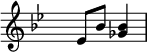 \relative
 { \set Score.tempoHideNote = ##t \tempo 4 = 80 \set Staff.midiInstrument = #"vibraphone"
  \key bes \major
  \time 2/4 \hide Staff.TimeSignature
     es'8 bes'8 <ges bes>4
  }