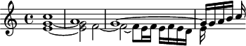 
\version "2.18.2"
\header {
  tagline = ##f
  % composer = "Johann Pachelbel"
  % opus = "Toccata en do majeur, P. 454"
  % meter = ""
}

\score {
<<
  \relative c'' {
    \key c \major
    \time 4/4
    \override TupletBracket #'bracket-visibility = ##f 

     %s8*0^\markup{Aria}
     << { c1 a g~ | g16 g a b c } \\ { < e, g >1~ q2 f~ | f~ f8 e16 f e f e d e } >>
  }
>>
  \layout {
     #(layout-set-staff-size 17)
     \context { \Score \remove "Metronome_mark_engraver" 
     \override SpacingSpanner.common-shortest-duration = #(ly:make-moment 1/2)
     }
  }
}
