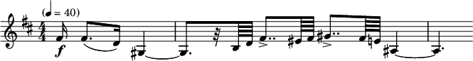  \relative c' { \clef treble \key b \minor \numericTimeSignature \time 4/4 \tempo "" 4 = 40 \partial 16*9 fis16\f fis8.( d16) gis,4~ | gis8.[ r32 b64 d] fis8..-> eis64 fis gis8..-> fis64 e ais,4~ | ais4. } 