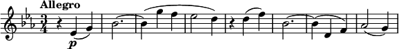 
\version "2.14.2"
 \relative c' {
         \clef "treble" 
         \tempo "Allegro"
         \key ees \major
         \time 3/4 
         \tempo 4 = 140
      r4 ees4\p (g)
      bes2. ~
      bes4 (g' f
      ees2 d4)
      r4 d4 (f)
      bes,2. ~
      bes4 (d, f)
      aes2 (g4)
}
