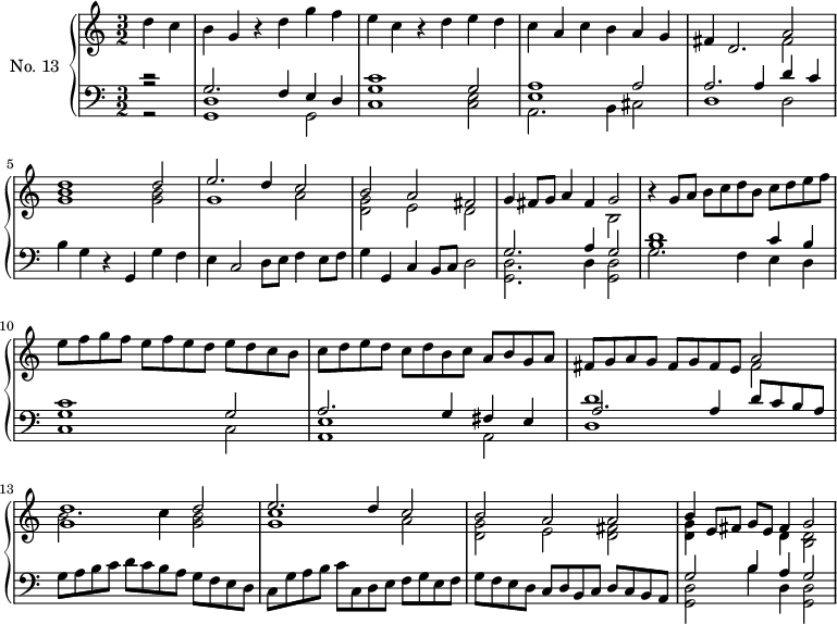 
\version "2.14.2"
\header {
  tagline = ##f
}
upper = \relative c'' {
  \clef treble 
  \key a \minor
  \time 3/2
  \autoBeamOff
  \tempo 2 = 110
  \set Staff.midiInstrument = #"harpsichord"

   \partial 2 d4 c b g r4 d' g f e c r4 d e d c a c b a g 
    << { fis4 d2. a'2 } \\ { s1 fis2 } >>
    << { d'1 d2 e2. d4 c2 b a fis g4 fis8 g a4 fis g2 } \\ { < b g >1 < b g >2 g1 a2 < g d >2 e2 d s1 b2 } >>
    % ms. 9
    r4 g'8[ a] b8[ c d b] c[ d e f] | e8[ f g f] e[ f e d] e[ d c b] | c8[ d e d] c8[ d b c] a8[ b g a]
    fis8[ g a g] fis[ g fis e] 
    << { a2 } \\ { fis2 } >>
    % ms. 13
    << { < d' g, >1 d2 e2. d4 c2 } \\ { b2. c4 < b g >2 < c g >1 a2 } >>
    << { b2 a a b4 e,8 fis g e fis4 g2 } \\ { < g d >2 e2 < fis d >2 < g d >4 s2 d4 < d b >2 } >>

}

lower = \relative c {
  \clef bass
  \key a \minor
  \time 3/2
  \set Staff.midiInstrument = #"harpsichord"
 
    << { r2 g'2. f4 e d | c'1 g2 | < a e >1 a2 | a2. a4 d c } \\ { r2 < d, g, >1 g,2 < g' c, >1 < e c >2 a,2. b4 cis2 d1 d2 } \\ { r2 } >>
    % ms. 5
    b'4 g r4 g, g' f e c2 d8 e f4 e8 f g4 g, c b8 c d2
    << { g2. a4 g2 } \\ { < d g, >2. d4 < d g, >2 } >>
    << { < d' b >1 c4 b < c g >1 g2 } \\ { g2. f4 e d c1 c2 } >>
    % ms. 11
    << { a'2. g4 fis e d'1 } \\ { < e, a, >1 a,2 d1 } \\ { s1 s2 a'2. a4 d8 c b a } >>
    g8 a b c d c b a g f e d c g' a b c c, d e f g e f g f e d c d b c d c b a 
    << { g'2 b4 a g2 } \\ { < d g, >2 b'4 d, < d g, >2 } >>
    
}

\score {
  \new PianoStaff <<
    \set PianoStaff.instrumentName = #"No. 13"
    \new Staff = "upper" \upper
    \new Staff = "lower" \lower
  >>
  \layout {
    \context {
      \Score
      \remove "Metronome_mark_engraver"
    }
  }
  \midi { }
}
