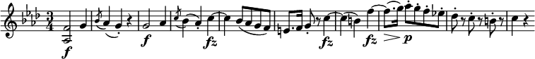 
\relative f' { \key f \minor \time 3/4
<f as,>2 \f g4 | \acciaccatura bes8 as4( g-.) r
g2 \f as4 | \acciaccatura c8 bes4( as-.) c~ \fz | c4 bes8( as g f) | e8. f16) g8-. r c4~ \fz
c4( b) f'~ \fz | f8.( \> g16) as8-. \p g-. f-. es!-. | des8-. r c-. r b-. r | c4 r
} 