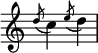  {
{
\override Score.TimeSignature #'stencil = ##f
    \relative c'' {

        \time 2/4
        \slashedGrace { d8( } c4)
        \slashedGrace { e8( } d4)
    }
} }
