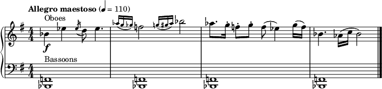 
{  \new PianoStaff << \relative bes' {
  \clef "treble" \numericTimeSignature\time 4/4 \key e \minor \tempo "Allegro maestoso" 4 = 110 | % 1
  \stemDown bes4 ^ "Oboes" _\f \stemDown es4 \acciaccatura { \stemUp es16
    ( } \stemDown d8 ) \stemDown es4. | % 2
  \grace { \stemUp as16 ( [ \stemUp g16 \stemUp ges16 ) ] } \stemDown
  f2 \grace { \stemUp g16 ( [ \stemUp gis16 \stemUp as16 ) ] }
  \stemDown bes2 | % 3
  \stemDown as8. [ \stemDown g16 ^. ] \stemDown f8 ^. [ \stemDown g8
  ^. ] \stemDown f8 ( \stemDown es4 ) \stemDown g16 ( [ \stemDown f16
  ) ] | % 4
  \stemDown bes,4. \stemDown as16 ( [ \stemDown c16 ] \stemDown bes2 )
  \bar "|."
  }
  \new Staff \relative bes,, {
  \clef "bass" \numericTimeSignature\time 4/4 \key e \minor | % 1
  <bes f'>1 ^ "Bassoons" | % 2
  <bes f'>1 | % 3
  <bes f'>1 | % 4
  <bes f'>1 \bar "|."
  } >> }
  