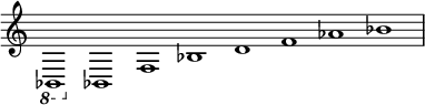 \new Staff \with {\remove "Time_signature_engraver"} {\time 8/1
\ottava -1 bes,,1 \ottava 0 bes, f bes d' f' aes' bes'}