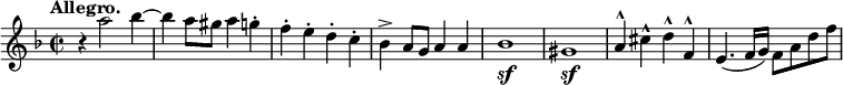 
\relative c''' \new Staff { \key d \minor \time 2/2 \set Score.tempoHideNote = ##t \tempo "Allegro." 2=138
 r4 a2 bes4~ bes a8 gis a4 g-. f-. e-. d-. c-. bes-> a8 g a4 a 
 bes1\sf gis\sf a4^^ cis^^ d^^ f,^^ e4.( f16 g) f8 a d f
}
