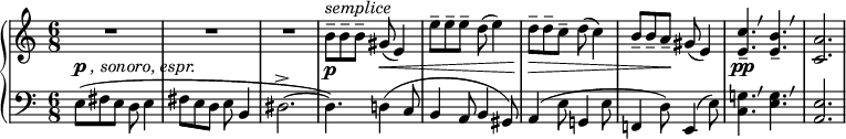 
 { \new PianoStaff <<
    \new Staff = "RH" \relative c'' { \clef treble \key a \minor  \time 6/8
       R2. R2. R2.
      b8-\p^\markup { \italic {semplice}}-- b-- b-- gis(\< e4) | e'8-- e-- e-- d( e4) |
      d8\>-- d-- c-- d( c4) | b8-- b-- a--\! gis( e4) |         
       \override BreathingSign.text =
       \markup { \musicglyph "scripts.rvarcomma" } 
       <c' e,>4.-\pp-- \breathe <b e,>-- \breathe | <a c,>2. | }
    \new Staff = "LH" \relative c { \clef bass \key a \minor  \time 6/8 
     e8^\markup { \dynamic p \italic {, sonoro, espr.}}( fis e d8 e4 |     
     fis8 e d 8e b4 | dis2.->~ | dis4.) d4( c8 | b4 a8 b4 gis8) |
     a4( e'8 g,!4 e'8 | f,!4 d'8) e,4( e'8) |
       \override BreathingSign.text =
       \markup { \musicglyph "scripts.rvarcomma" } 
     <g! c,>4. \breathe  <g e>4. \breathe  | <e a,>2. | } 
   >> }
