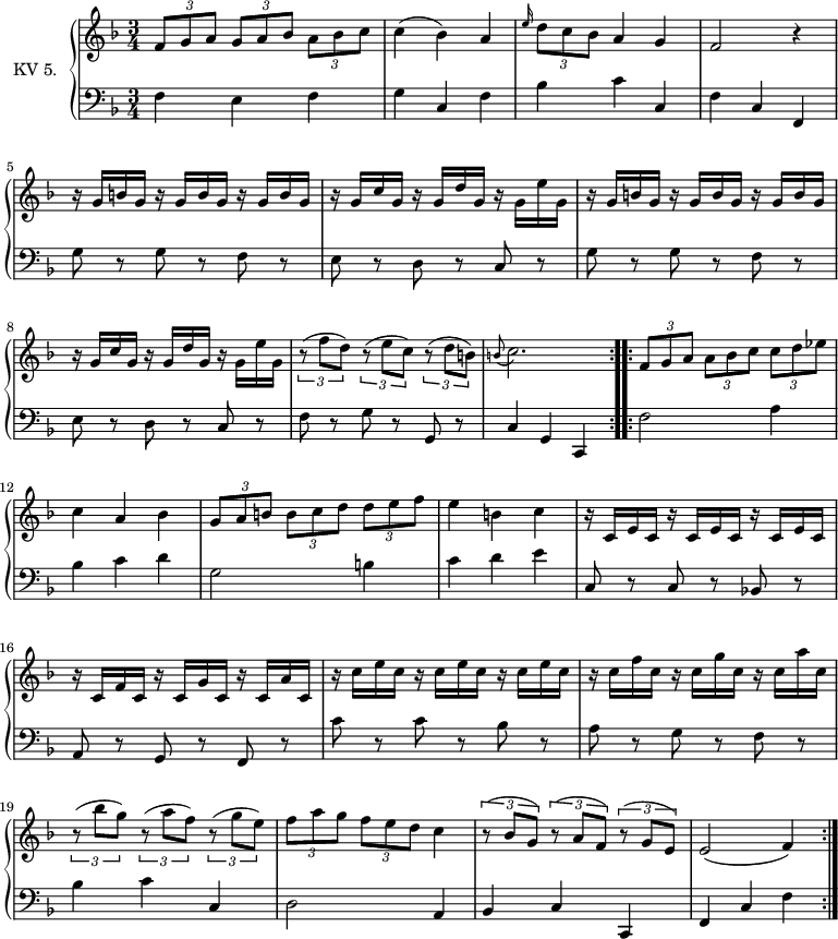 
\version "2.14.2"
\header {
  tagline = ##f
}

upper = \relative c'' {
  \clef treble
  \key f \major
  \time 3/4
  \tempo 4 = 110
  \tempo "Menuetto"
  \set Staff.midiInstrument = #"dulcimer"

  \repeat volta 2 {
   
     \tuplet 3/2 {f,8 g a } \tuplet 3/2 {g8 a bes} \tuplet 3/2 {a8 bes c}
    |c4 (bes) a
    \grace e'16  \tuplet 3/2 {d8 c bes} a4 g
     f2 r4
     r16 g b g r g b g r g b g
     r16 g c g r g d' g, r g e' g,
     r16 g b g r g b g r g b g
     r16 g c g r g d' g, r g e' g,
    \tuplet 3/2 {r8 (f' d)  } \tuplet 3/2 {r8 (e c)} \tuplet 3/2 {r8 (d b)}
    \grace b8 (c2.)
  }
  \repeat volta 2 \relative c' {
    \tuplet 3/2 {f8 g a } \tuplet 3/2 {a8  bes c} \tuplet 3/2 {c8 d ees}
    |c4 a bes
    \tuplet 3/2 {g8 a b } \tuplet 3/2 {b8 c d} \tuplet 3/2 {d8 e f}
    |e4 b c
    r16 c, e c r c e c r c e c
     r16 c f c r c g' c, r c a' c,
     r16 c' e c r c e c r c e c
     r16 c f c r c g' c, r c a' c,
    \tuplet 3/2 {r8 (bes' g)  } \tuplet 3/2 {r8 (a f)} \tuplet 3/2 {r8 (g e)}
     \tuplet 3/2 {f8 a g  } \tuplet 3/2 {f8 e d} c4
      \tuplet 3/2 {r8 (bes g)  } \tuplet 3/2 {r8 (a f)} \tuplet 3/2 {r8 (g e)}
      e2 (f4)
  }
} 
lower = \relative c {
  \clef bass
  \key f \major
  \time 3/4
  \set Staff.midiInstrument = #"harpsichord"
  
  \repeat volta 2 {
  f4 e f | g c, f  | bes c c, | f c f, |  g'8 r g r f r | e r d r c r  |  g' r g r f r | e r d r c r  |f r g r g, r | c4 g c,
  }
  \repeat volta 2 \relative c {
    f2 a4 | bes c d | g,2 b4  | c d e|  
     c,8 r c r bes! r | a r g r f r  | c'' r c r bes r | a r g r f r
     bes4 c c,
     d2 a4
     bes c c,
     f c' f
  }
} 

\score {
  \new PianoStaff <<
    \set PianoStaff.instrumentName = #"KV 5."
    \new Staff = "upper" \upper
    \new Staff = "lower" \lower
  >>
  \layout {
    \context {
      \Score
      \remove "Metronome_mark_engraver"
    }
  }
 \midi { }
}
