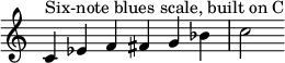 
{
\override Score.TimeSignature #'stencil = ##f
\relative c' {
  \clef treble
  \time 6/4 c4^\markup { "Six-note blues scale, built on C" } es f fis g bes c2
} }
