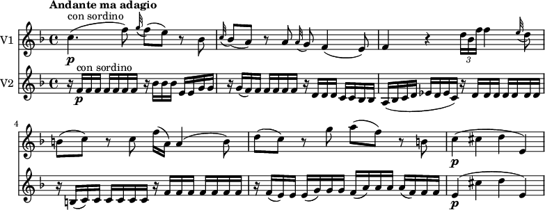 
<<
\new Staff \with { instrumentName = #"V1 "}  \relative c'' {
    \version "2.18.2"
    \key f \major 
    \tempo "Andante ma adagio"
    \tempo 4 = 50
    \time 4/4
    c4. \p ^\markup{con sordino} (f8) \grace g32 (f8) (e) r bes
    \grace c32 (bes8) (a) r a \grace a32 (g8) f4 (e8)
    f4 r \tuplet 3/2 {d'16 bes f'} f4 \grace e32 (d8)
    b (c) r c f16 (a,) a4 (b8)
    d (c) r g' a (f) r b,
    c4 \p ( cis d e,)
}
\new Staff \with { instrumentName = #"V2 "}  \relative c' {
    \key f \major 
    \clef "treble"
    \time 4/4
    \set Staff.midiMinimumVolume = #0.2 \set Staff.midiMaximumVolume = #0.4
  r16 f\p^ \markup {con sordino}  \repeat unfold 6 {f} r bes bes bes e, e g g
  r g (f) f f f f f r d d d c c bes bes
  a (bes c d ees d ees c) r \repeat unfold 7 {d}
  r b (c) c c c c c r \repeat unfold 7 {f}
  r f (e) e e (g) g g f (a) a a a (f) f f
  e4 \p ( cis' d e,)
}
>>
