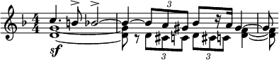  \relative c'' { \clef treble \key d \minor \numericTimeSignature \time 4/4 \set Staff.midiInstrument = #"french horn" << { c4. b8-> bes2->~ | bes4~ \times 2/3 { bes8 a gis } bes8[ r16 a] gis4~ | gis8 } \\ { <g d>1~\sf | <g d>8 r \times 2/3 { d8 cis c } \times 2/3 { d cis c } <f d>4~ | <f d>8 } >> } \midi{\tempo 4 = 88} 